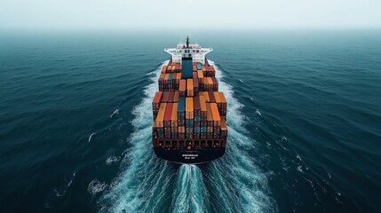 Large cargo ship with colorful containers sailing on open sea, aerial view showing wake and ocean expanse