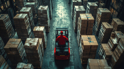 person in red shirt is operating forklift in warehouse filled with stacked boxes. scene conveys sense of productivity and organization in busy environment
