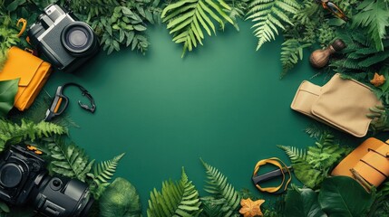 Lush Green Foliage Surrounding Cameras, Sunglasses, and Leather Goods