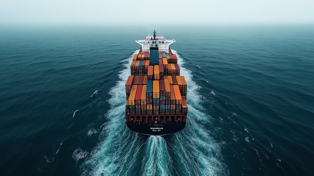 Large cargo ship with colorful containers sailing on open sea, aerial view showing wake and ocean expanse