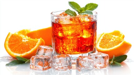 A Glass of Orange-Flavored Cocktail with Ice and Mint Garnish