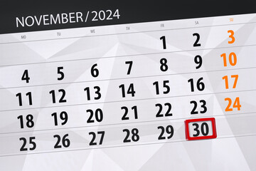 Obraz premium Calendar 2024, deadline, day, month, page, organizer, date, November, saturday, number 30