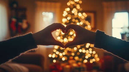 Close up of woman hand showing love symbol, inspired by Christmas or Happy New Year celebration, having wonderful time near decorated tree, generative ai
