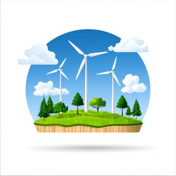 wind turbines on green island, blue sky clip art preview