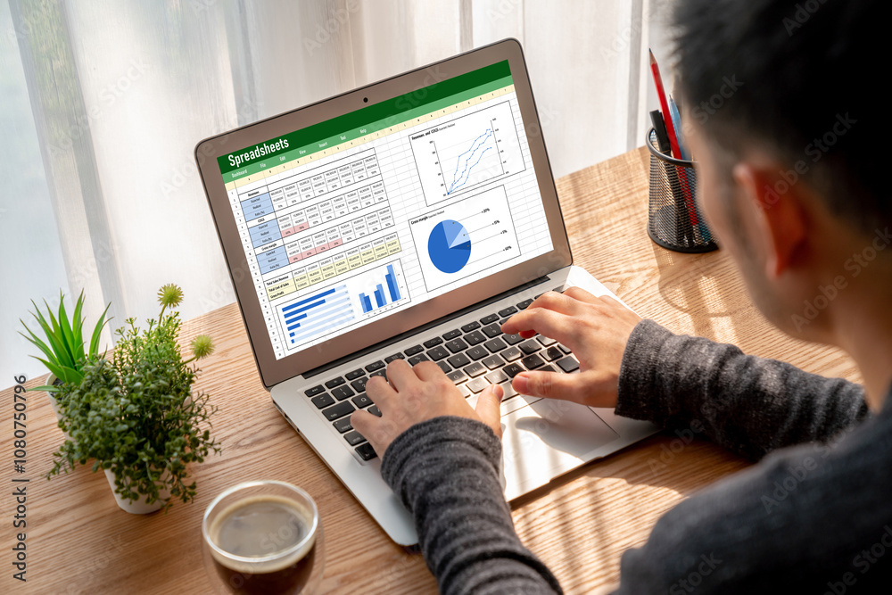 Poster spreadsheet document information financial startup concept. data and graphs in spreadsheet documents