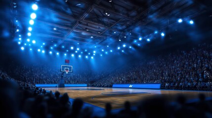 A basketball game in an arena with bright lights and a full crowd watching, dark. and blue lighting