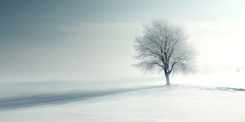 A lone tree stands in a vast snowy field under a tranquil sky, capturing the essence of winter's solitude and beauty.