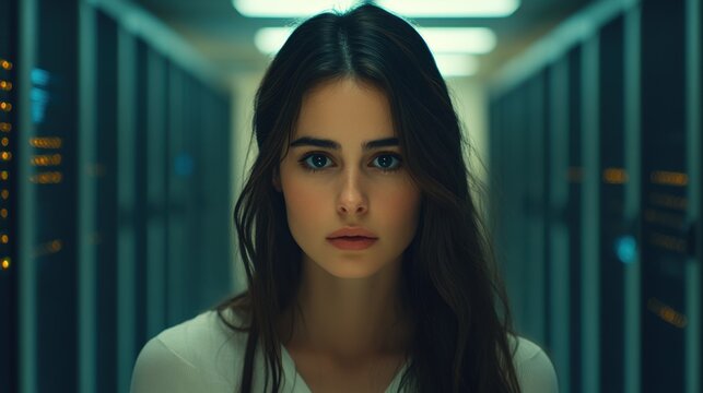 Young woman standing confidently in a futuristic data center, showcasing technology, innovation, and digital connections in a modern environment