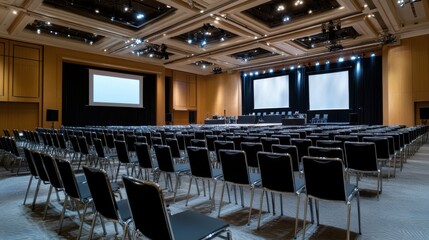 Obraz premium An expansive conference hall, prepared for a significant event, with rows of empty chairs facing large projection screens in anticipation.