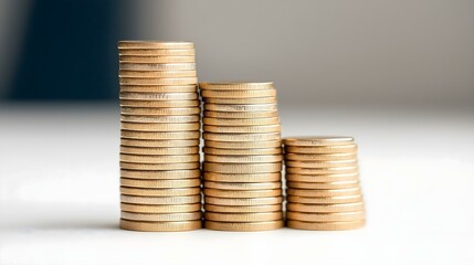 Stacks of coins representing financial growth on a white isolated background.