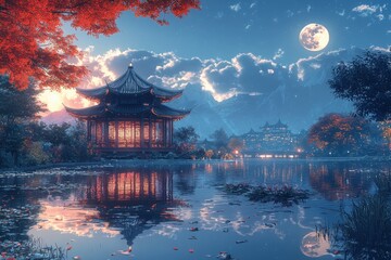 Obraz premium Experience the serenity of a chinese garden pavilion under the enchanting moonlight