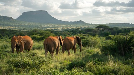 African Elephants in a Green Landscape