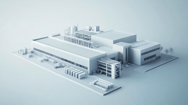 A 3D rendering of a white factory complex with a white background.