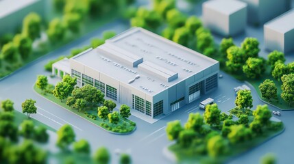 A low-poly model of a large building with a flat roof, surrounded by trees and a parking lot.