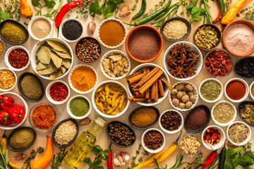 Diverse selection of cooking spices and dried herbs on a beige background, showcasing natural textures and colors that enhance culinary experiences