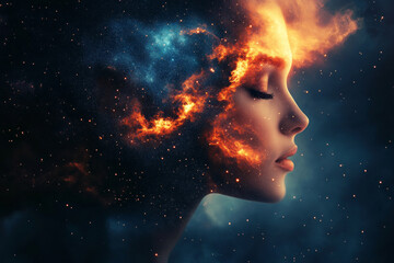 Ethereal portrait of a woman with a vibrant nebula and swirling galaxies within her face. A surreal cosmic scene, capturing the beauty and mystery of the universe