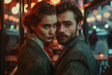 Fototapeta premium Portrait of a tender couple in their 20s wearing a professional suit jacket in bustling city cafe