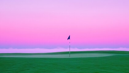A serene golf course scene at dusk, featuring a flag on the green under a vibrant pink sky.