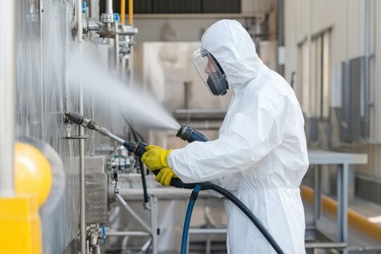 A worker in protective gear operates a pressure washing tool, spraying high-pressure water on an industrial site to maintain cleanliness and safety.