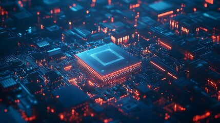 An advanced digital environment, a futuristic semiconductor chip emits neon blue light effects while floating, with circuit board patterns and flowing data streams all around it. And sleek and modern