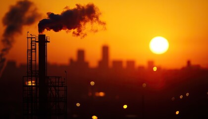 A factory chimney emits smoke against a vibrant sunset, contrasting industrialization with natural beauty in an urban setting.