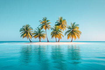 A tranquil island scene featuring five lush palm trees reflected perfectly in calm, azure waters.