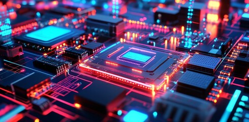 Obraz premium An abstract futuristic technology concept image featuring a grid line and a circuit on a dark purple background.