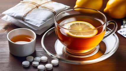 Warm tea with honey and lemon for colds.