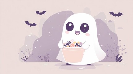Obraz premium Cute ghost collecting Halloween candies.