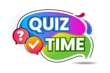 Quiz time speech bubble text. Hi There on bright color for Sticker, Banner and Poster. Quiz time message icon. Quiz time label with question mark. Quiz emblem for business, marketing and advertising
