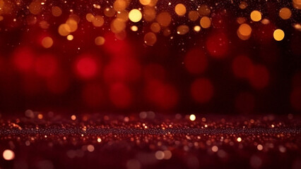 Festive Red Christmas Background with Golden Bokeh and Sparkling Stars