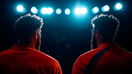 Two athletes in red jerseys standing together under bright stage lights, preparing for a competition.