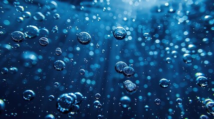 Design a detailed image of water droplets on a smooth blue background, showcasing their natural reflections and transparency with a high-definition finish.