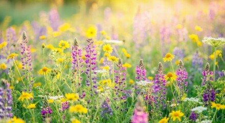 Fototapeta premium Vibrant summer wildflower meadow with yellow and purple blossoms in sunlight