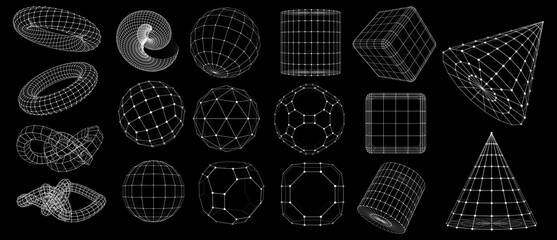A collection of geometric shapes, designed as a grid frame on a black background. Includes spheres, cubes and pyramids, showing various shapes and structures.