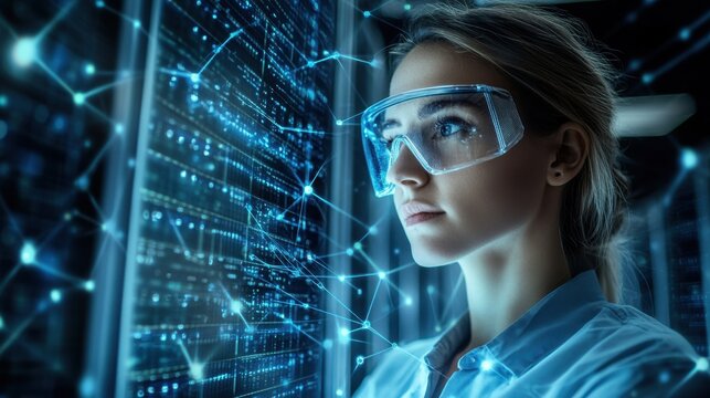 Young female scientist wearing protective glasses observing digital data and scientific networks in a high-tech laboratory, showcasing innovation and technology in research.