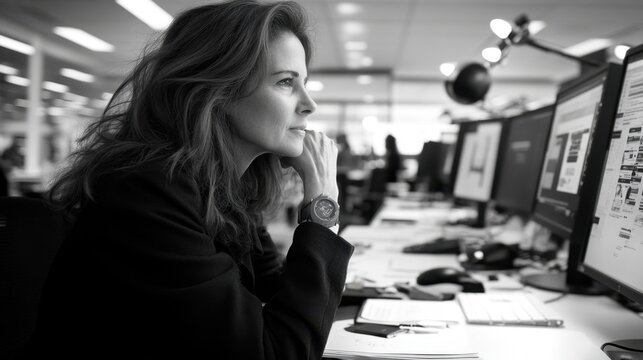 Thoughtful Businesswoman Evaluating Data on Computer Screen in Modern Office Environment, Engaged in Serious Work and Creative Process in Black and White