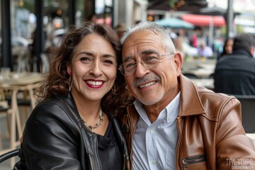 Portrait of a glad latino couple in their 50s sporting a stylish leather blazer while standing against bustling city cafe