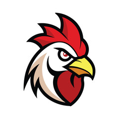 Fierce, bold rooster head mascot logo with intense gaze, sharp beak, and flared feathers. Perfect for sports teams or brands seeking an aggressive, powerful identity. Vector format.