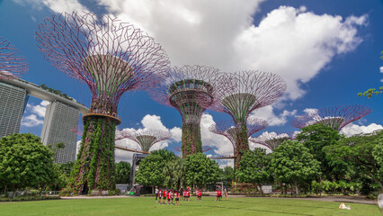 Fototapeta premium Futuristic view of amazing supertrees at Garden by the Bay timelapse hyperlapse in Singapore.
