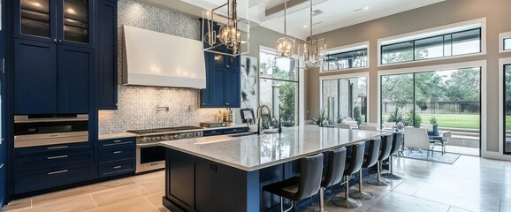 Modern Kitchen Island with Marble Countertop and Blue Cabinets