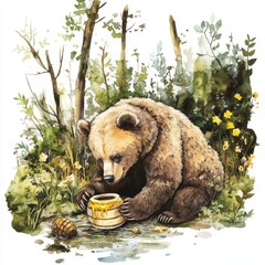 water color illustration of composition of teddy bear and honey for children's books on white background