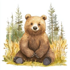water color illustration of composition of teddy bear in forest for children's books on white background