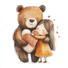 water color illustration of composition of teddy bear and girl for children's books on white background