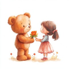 water color illustration of composition of teddy bear and girl for children's books on white background