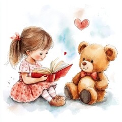 water color illustration of composition of teddy bear and girl for children's books on white background