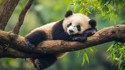 Fototapeta premium Sleeping Panda Cub on a Branch