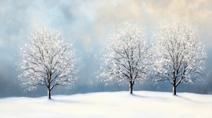 Fototapeta premium A serene winter landscape featuring three snow-covered trees against a soft blue background.