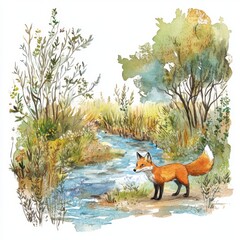 water color illustration of composition of fox near to river for children's books on white background