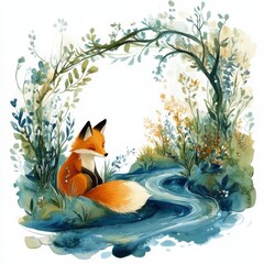 water color illustration of composition of fox near to river for children's books on white background